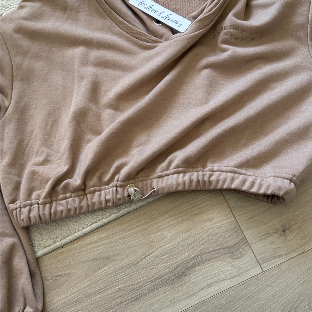 NEW- For Love and Lemons Ellie Cropped Tan Hoodie Sweatshirt - Picture 5 of 11